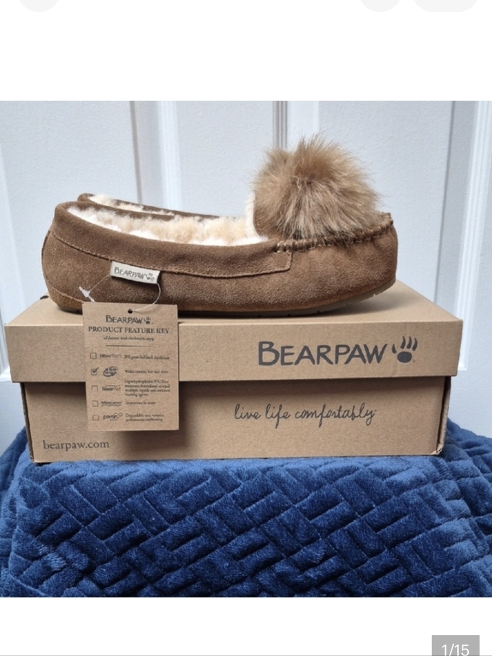 BearPaw Suede Erika Wide Width Slippers with Pom-Pom Size 8, New W Tags